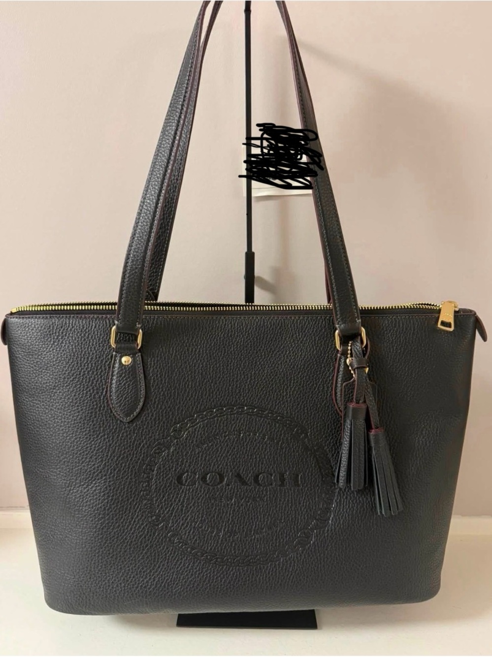 Coach Black Pebbled Leather Gallery Tote with Gold Hardware and Tassels